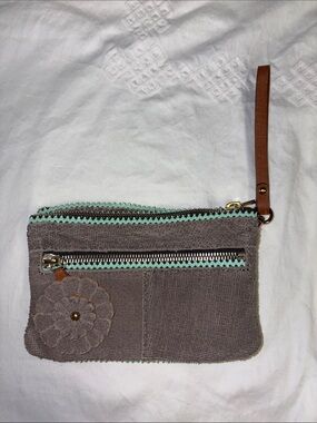 Gray Wristlet Clutch with Mint Trim and Brown Strap